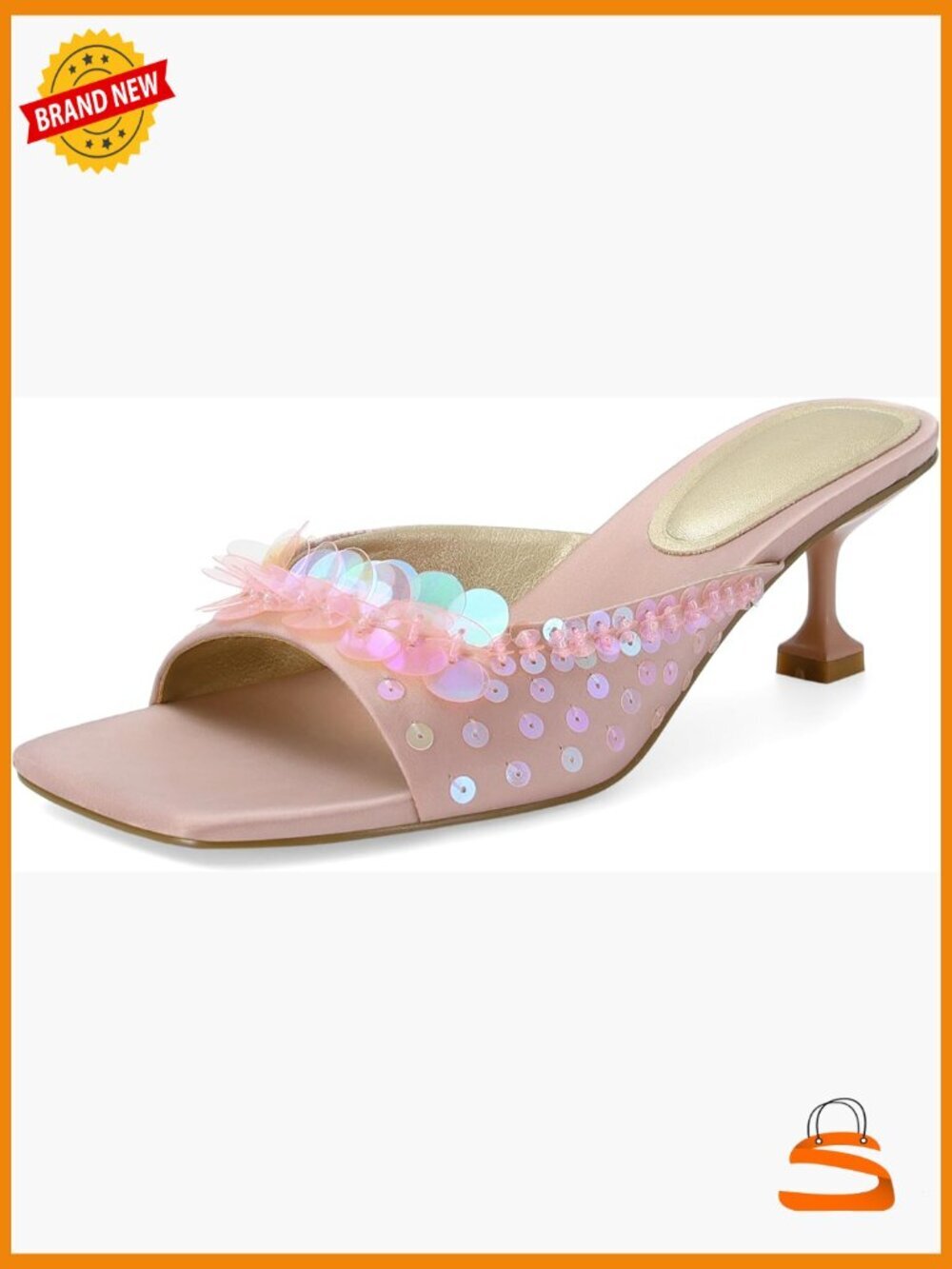 Sequin Kitten Heels Women Square Toe Mules Open Toe Heeled Sandals